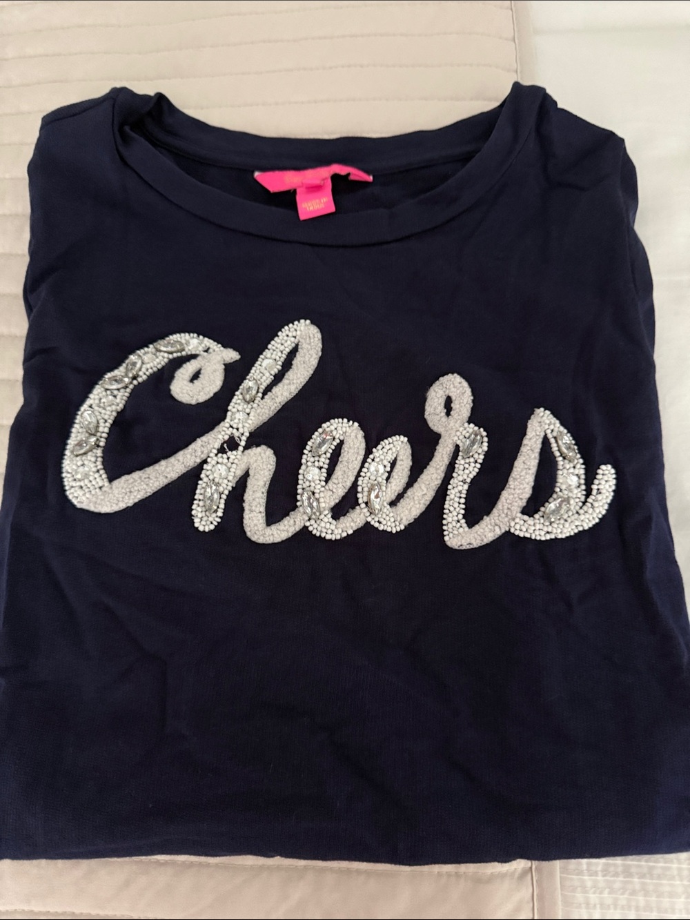 Lilly Pulitzer Navy Crewneck Sweater with Silver Sequin 'Cheers'